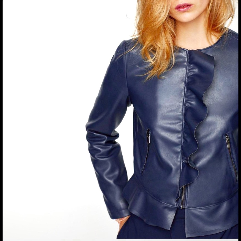 New, Zara Faux Leather Jacket with Ruffle Trim - Picture 4 of 9